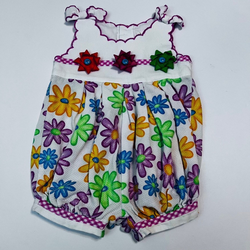 Vintage Baby Togs Floral Romper 12M White Pink Embroidered Bows